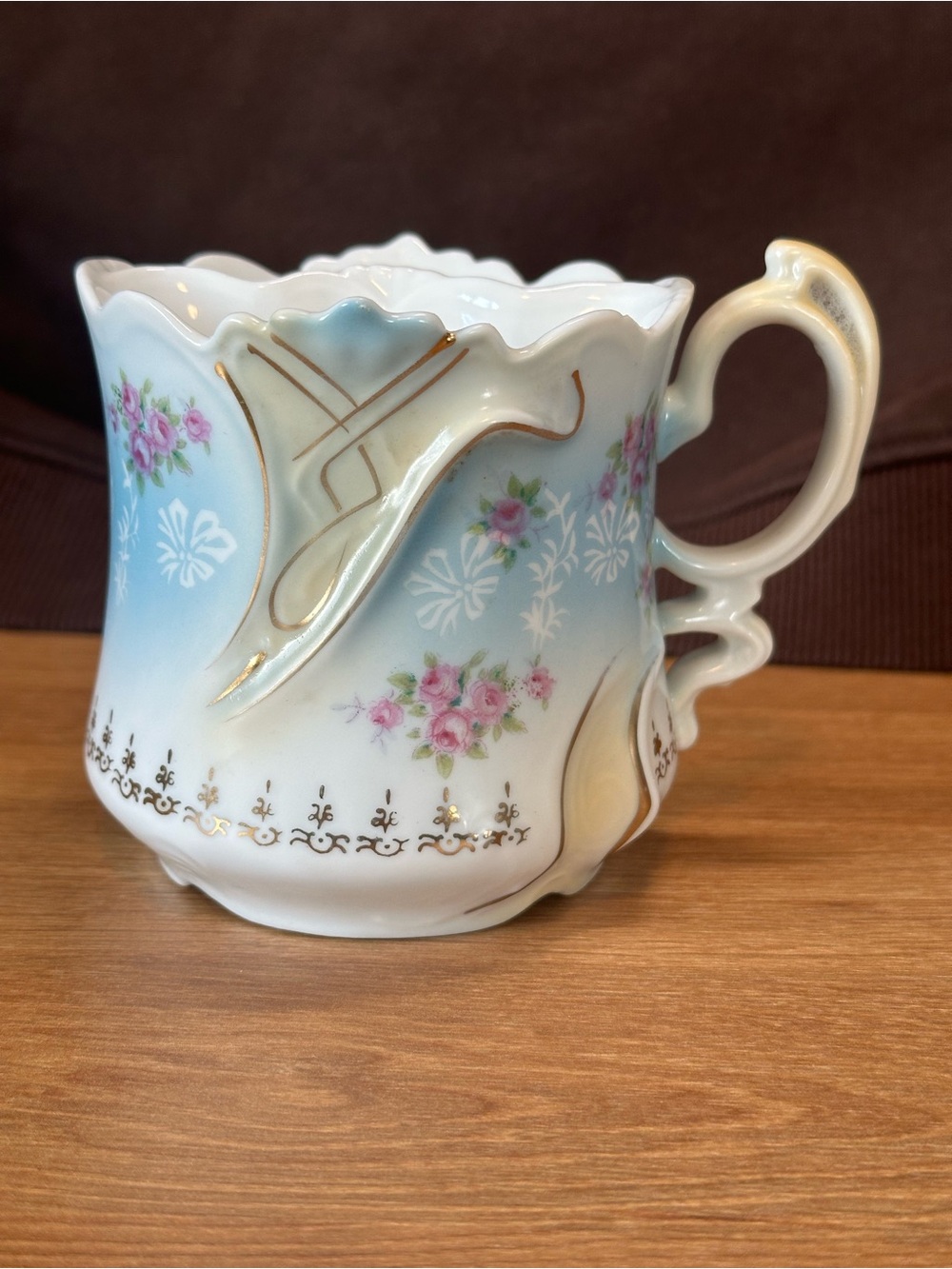 Antique R.S. Prussia Porcelain Shaving Scuttle Mug Pink Roses Blue Gold